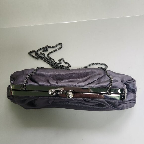 Jessica Mcclintock Gunmetal Kiss Lock Satin Evening Purse Crossbody Chain - Picture 3 of 5